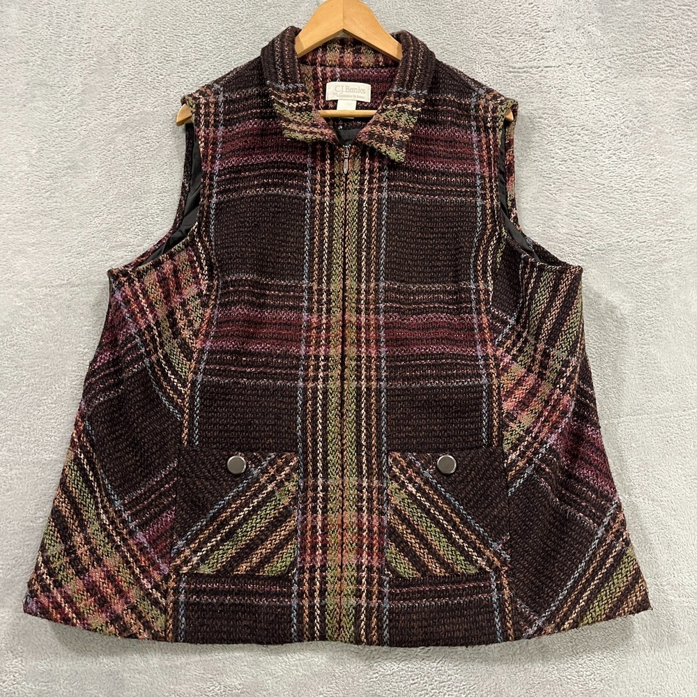 CJ Banks Sweater Vest Women 2X Zip Up Tartan Plaid Artsy Boho Fall Pockets Retro